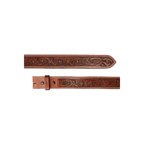 A brown full grain leather belt for men  featuring tooled vines 